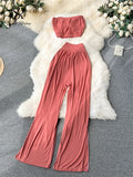 Yipinpay Korean Style Hotsweet Sets Sexy Strapless Short Tops+Basics High Waist Split Wide Leg Pants Fashion Casual Beach Suits