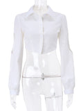 yipinpay Blouse Hollow Out Crop Top Y2K Clothes Long Sleeve Top Autumn Spring Solid Turn Down Collar Streetwear Button Up Shirt