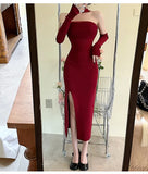 Yipinpay Sexy Halter Strapless Dress Women Bodycon Slim Off Shoulder Hip Vestidos De Mujer Knit Dress Long Mesh Party Fashion Chic