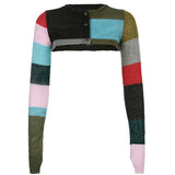 Yipinpay Women Sun-protective Crop Tops Sweater Spring Autumn 2023 y2k Clothes Contrast Color Long Sleeve Round Neck Patchwork Cardigan