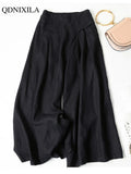 Yipinpay Spring Summer Women's Cotton Linen Wide Leg Pants Loose Elastic High Waist Thin Ladies Skirt Pants Capris Flared Trousers