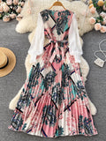 Yipinpay Ethnic Style Print Dress Women Spring New Fashion Puff Sleeve Lace-up Design Sheath 2024 Retro A-Line Long Dress