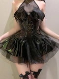 Yipinpay Sexy Cosplay Pu Dress Women Harajuku Streetwear Grunge Bandage Hollow Out Bats Dress Punk Y2k E-girl Mall Gothic Clothes