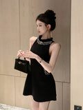 Yipinpay Elegant Mini Dresses Women Rhinestone Hollow Out French Style Ruffled Collar Slim Sleeveless Off Shoulder Black Sexy