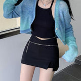 Yipinpay E Girl Black Mini Skirt Women Punk Sexy Chain Belt Slit Korean Cute High Waist A-line Micro Skirt Y2K Skort Streetwear