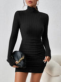 Yipinpay 2024 Y2k Sexy Black Mini Dress Women Alt Urtleneck Long Sleeves Sheath Dress Elegant Casual Solid Party Dresses Female