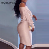 Yipinpay Women Chic Solid Glamorous Diagonal Collar Long Batwing Sleeves with Belt Bodycon Midi Sexy Formal Pink Dress