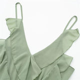 Yipinpay Green Ruffle Dress Woman Chiffon Slip Long Dress Women Asymmetric Backless Sexy Party Dresses Midi Holiday Summer Dresses