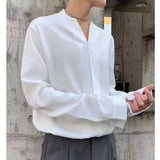 Yipinpay Autumn Men Shirt Casual Loose Long Sleeve V-Neck Shirts Streetwear Vintage Fashion Blouses Office Daily Clothing
