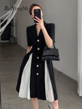 yipinpay Summer Fashion Office Ladies Dresses Notched Buttons Short Sleeve Pleated Knee-Length Dress Women Patchwork Slim Dress