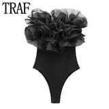 Yipinpay Ruffle Black Bodysuit For Woman Off Shoulder Sexy Lingerie Women Body Organza Sleeveless Bodysuit Y2k Women's Summer Tops