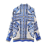 Yipinpay Blue Print Satin Shirt Woman Long Sleeve Top Female Vintage Button Up Shirt Women Casual Loose Summer Blouses Woman 2023
