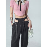 yipinpay Suit Pants High Waist Summer Grey Vintage Wide Leg Trouser Straight Street Baggy Hollow Out Design Office Ladies Pants