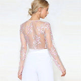Yipinpay Womens Summer Long Sleeve Floral Transparent Mesh Sheer Embroidered Swimsuit See-through Hollow Out Crop Tops Cover Up Beachwear