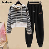 Yipinpay Women's Tracksuit 2024 Fall/Winter New Striped Embroidered Sweater + Cotton Pants Two-piece Korean Casual Hoodies Trousers Suit