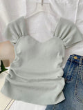 Yipinpay Summer Elegant Solid Color Tees Office Lady Casual Outwear Short Sleeve T-shirts Women Party Y2K Crop Top Korean Fashion