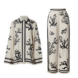 Yipinpay Floral Print Long Pants Sets Women 2024 Chic Lapel Long Sleeve Shirt Wide Leg Trousers 2 Pieces Sets Lady Street Outfits