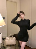 Yipinpay Knitted Dresses Women Sexy Half High Collar Bandage Backless Slim Stretch Basic Dress Elegant Bottoming Fashion