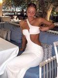 Yipinpay MO 2023 Slant Shoulder White Sexy Women's Dress Elegant Hollow Out Backless Maxi Dress Party Beach Holiday Bodycon Robe