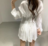 Yipinpay Y2k Black White Glossy Waist Back Bandage Lapel Single Breasted Long-sleeved Pink Shirt Dress Women Mini Pleated Casual