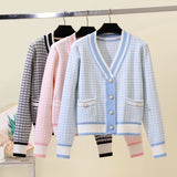 Yipinpay Short Cardigan Women's Sweater Coat Autumn And Winter New Style Outer V-neck Loose Plaid Top All-match Casual
