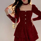 Yipinpay Hot Girl Red Velvet Dress Women's Autumn/Winter Christmas Square Collar Long-sleeved Slim Fit A-line Dress Female Clothes