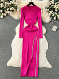 Yipinpay Streetwear Knit Split Dress O Neck Long Sleeves Slim Fit France Elegent Ladies Autumn Evening Party Bodycon Long Dress