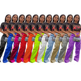 Yipinpay Spring Summer Cargo Trouser Casual Streetwear Satin Stretch High Waist Pant With Pocket Women Wide Leg Flare Pants