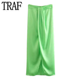 Yipinpay Green Satin Skirt Woman Knot Long Skirts For Women Fashion 2023 Summer High Waist Slit Midi Skirt Elegant Women's Skirts