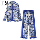 Yipinpay Blue Print Satin Shirt Woman Long Sleeve Top Female Vintage Button Up Shirt Women Casual Loose Summer Blouses Woman 2023