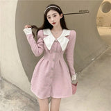 Yipinpay Single Breasted Corduroy Dress Elegant Bodycon Slim Vestidos Mujer Sleeve Full Doll Neck Autumn Winter Knitted Dress Women