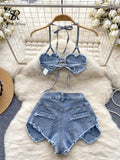 Yipinpay American Hotsweet Sets Halter Sleeveless Backless Love Tops+High Waist Button Basics Shorts Fashion Sexy Denim Suits