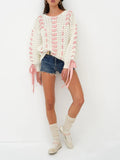 Yipinpay Women Y2K Kawaii Knitted Long Sleeve Crew Neck Hollowed Contrast Color Loose Pullovers Warm Sweater for Fall Winter