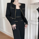 Yipinpay Piece Sets Womens Outifits Small Fragrant Suit Black Tweed Coat Blazer Jacket Wide Leg Pants Sets Winter Vintage Clothing