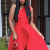 Yipinpay Women Solid Elegant One Shoulder Asymmetrical Slit High Silt Formal Party Red Dress