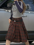 Yipinpay Vintage Red Plaid Skirt Women 2023 Autumn Preppy Style Kpop High Waist A-line Knee Length Pleated Skirt 90s Aesthetic