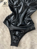 Yipinpay Sexy PU Leather Camis Bodysuits Women French Style V Neck Straps Sheath Rompers 2024 Summer Solid Fashion Jumpsutis