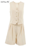 Yipinpay Beige Cotton Linen Blazer Suits 2-Piece Office Outfits Button Tank Tops And Wide Legs Shorts Casual Sets Summer 2023