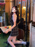 Yipinpay Plaid Mini Dress Woman French Vintage Short Party Dress Puff Sleeve 2023 Summer Slim Casual One Piece Dress Korean Fashion