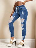 Yipinpay Autumn New Women's Elastic Waist Ripped Jeans Fashion Skinny High Stretch Denim Pencil Pants Casual Slim Ladies Jeans S-2XL