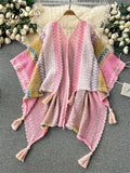 Yipinpay Bohemian Loose Cardigan Bat Cloak Tassel Design Print Fashion Knitted 2024 Autumn Retro Tour Irregular Oversize Coat