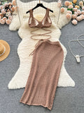 Yipinpay Fashion Y2K Vintage Knitted Suits Bandage Crop Sexy Top+Split Slim Bodycon Skirt Chic Holiday Women Two Pieces Sets