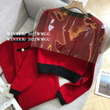 Yipinpay Leg Pants Sets 2 Piece Sets Womens Outfits Casual Tracksuit Metal Button Red Cardigan Cropped Knitwear Coat Korean Clothes