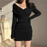 Yipinpay Cross V-Neck Slim Fit Hip Black Knitting Dress Women Mini Bodycon Y2k Sexy Vestidos Long Sleeve Casual Autumn New 2023