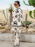 Yipinpay Floral Print Long Pants Sets Women 2024 Chic Lapel Long Sleeve Shirt Wide Leg Trousers 2 Pieces Sets Lady Street Outfits