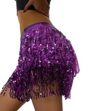 Yipinpay Women Sexy Belly Skirt, Sequined Fringe Miniskirt with Adjustable Waist Straps, Mini Skirt for Dance Performance, Rave Party