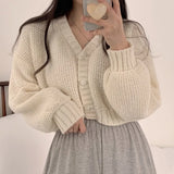 Yipinpay Knitted Cardigan Sweet Korean V Neck Lantern Sleeve Sweaters for Women Fall Wild Simple Cropped Pink Cardigan Coat