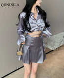 Yipinpay Summer Fashion Elegant Women's Skirt Set Full Flare Sleeve Lace Bandage Satin Short Shirt and High Waist Skirt 2-piece Set