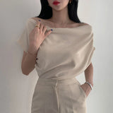 Yipinpay Temperament Off Shoulder Design Versatile Short Sleeve Pile Up Collar Shirt Slash Crop Top Blusas Mujer De Moda 2023 Slim Shirts