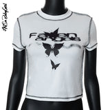 yipinpay Sleeve T-shirts Y2K Baby Tees O Neck Kawaii Tops Women Streetwear Stitch Crop Top Woman Clothes 2023 Summer Butterfly Top